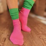 Green and pink block crew socks
